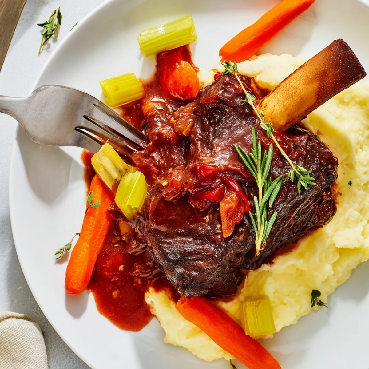 Herb-scented Slow Cooker Beef Short Ribs with roasted carrots and crusty bread