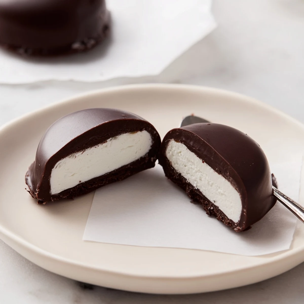 Peppermint Patties glistening with dark chocolate, chilled on parchment for serving