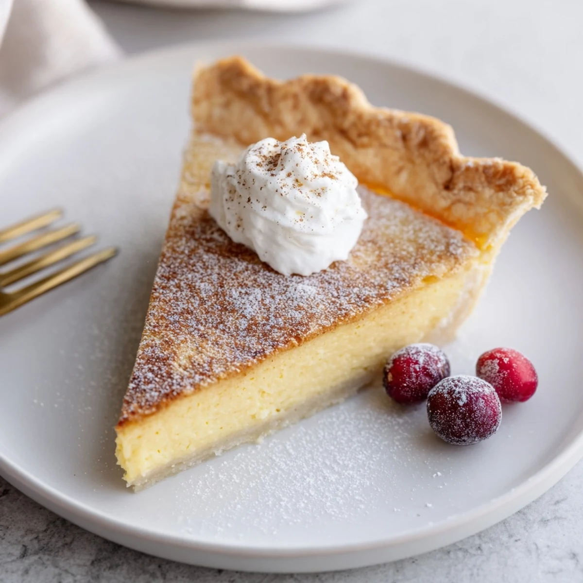 Lightly sliced Christmas Eve Custard Pie With Cinnamon Vanilla, creamy center, warm aroma.