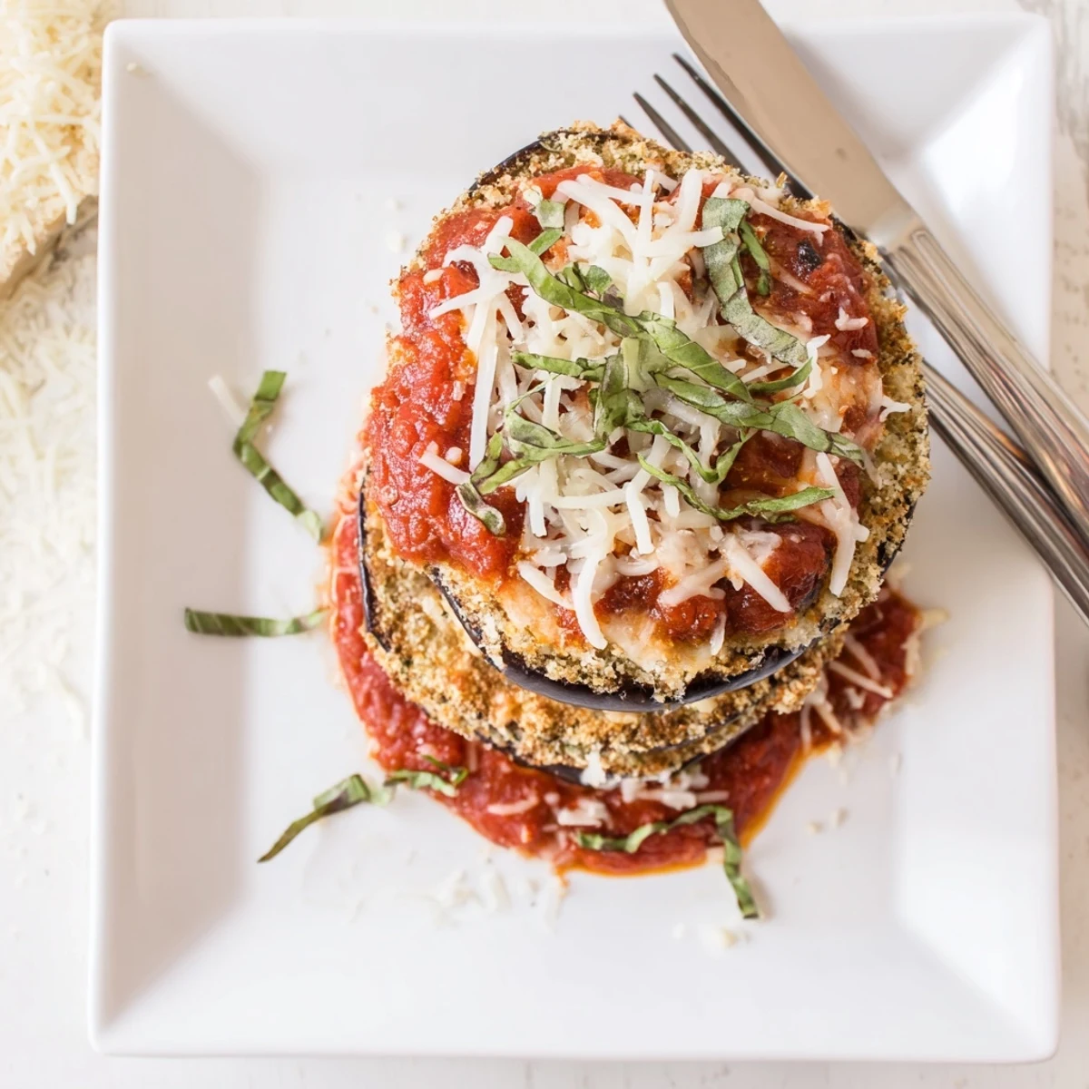 Golden baked eggplant parmesan featuring layers of crispy breaded eggplant with melted mozzarella and rich marinara sauce