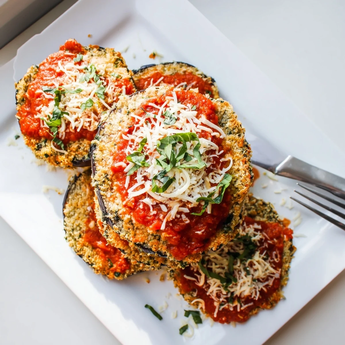 Italian-American eggplant parmesan casserole with bubbly cheese topping and fresh basil garnish on a white serving plate