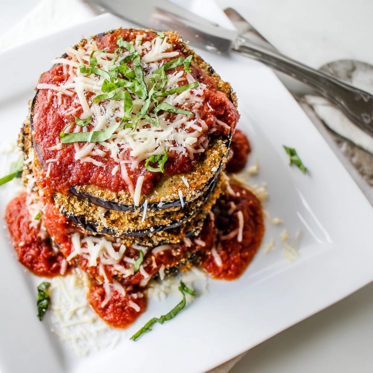 Homemade baked eggplant parmesan showing tender breaded slices stacked with tomato sauce and gooey cheese in a baking dish