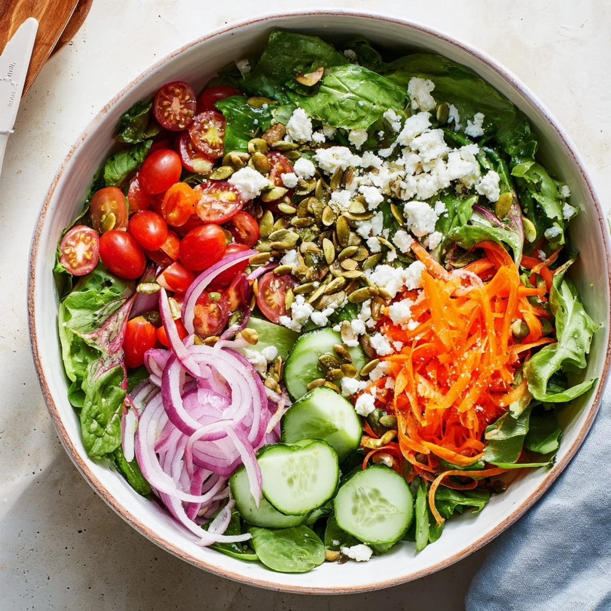 Fresh garden salad featuring layered seasonal vegetables drizzled with light olive oil dressing
