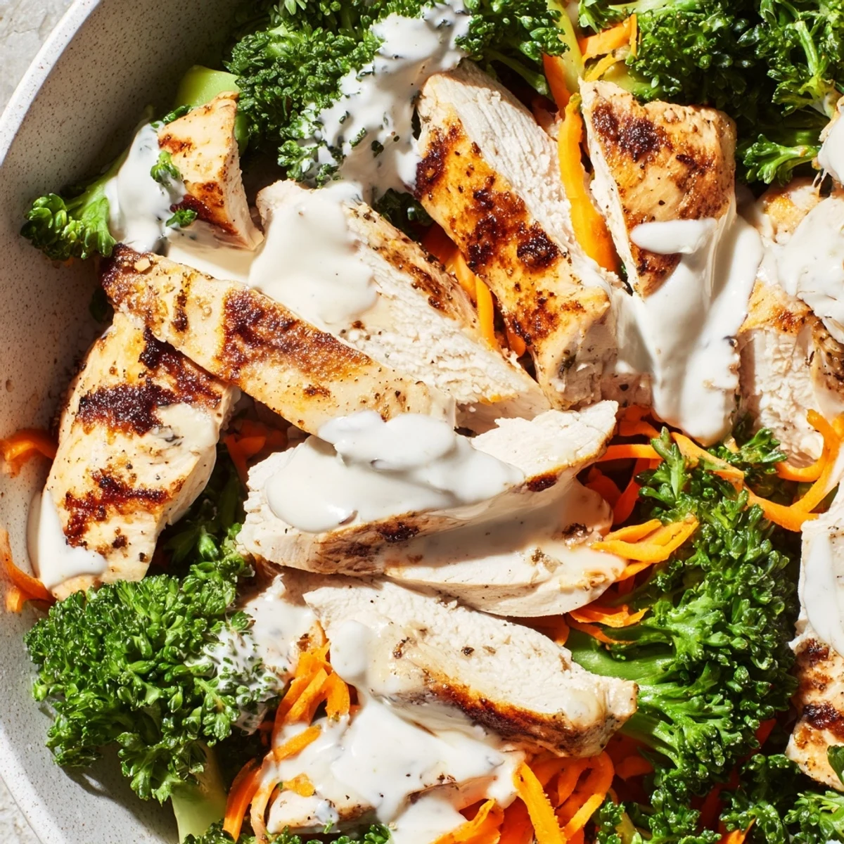 Golden brown grilled chicken sliced over vibrant green broccoli with rich creamy garlic sauce drizzled on top