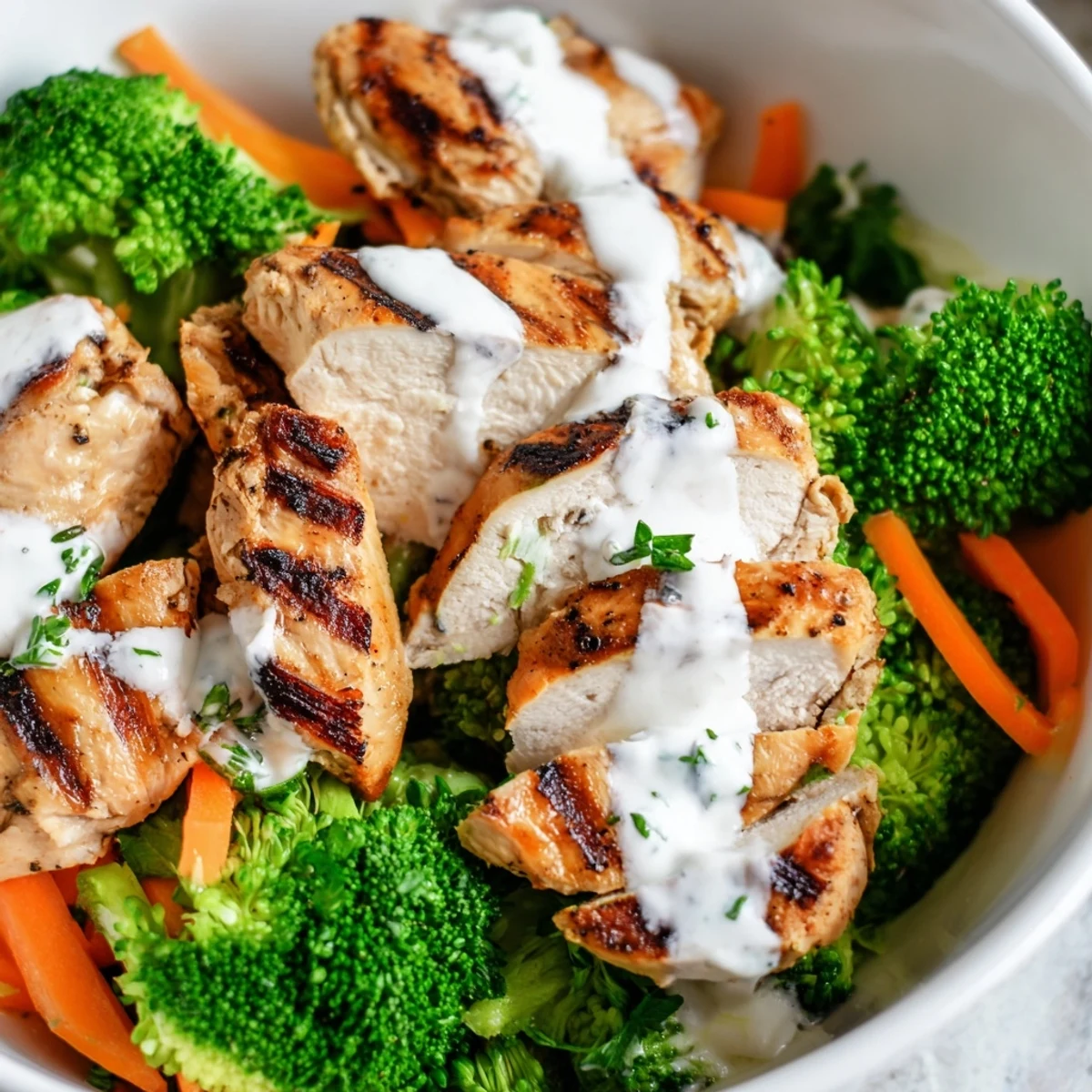Steaming bowl featuring spiced grilled chicken pieces nestled beside broccoli florets coated in luscious garlic sauce