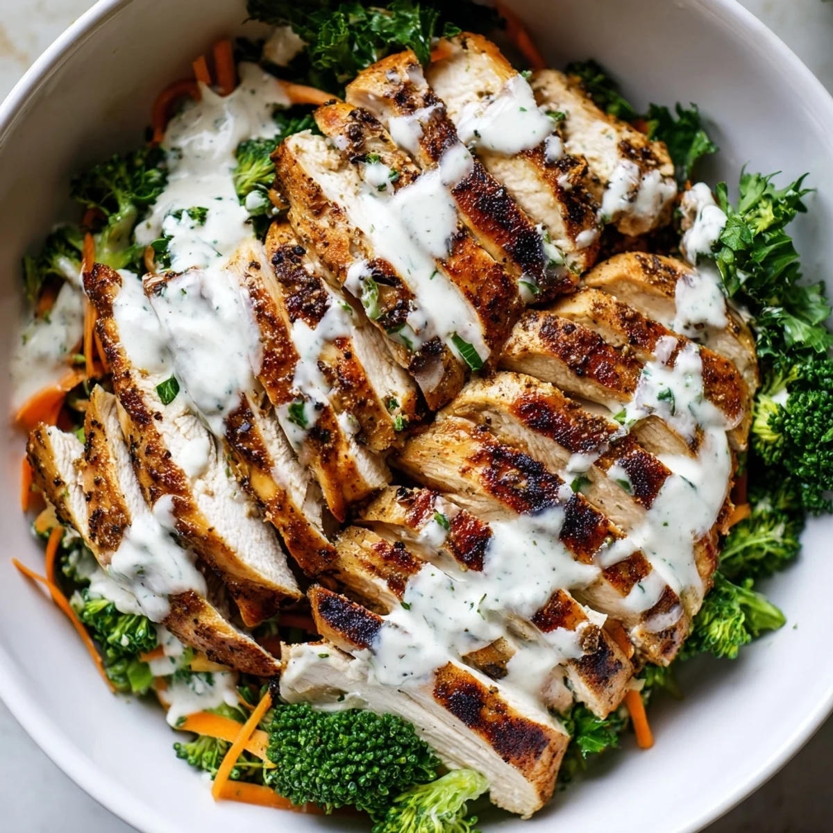 Close-up of healthy grilled chicken broccoli bowl garnished with fresh parsley and lemon wedges