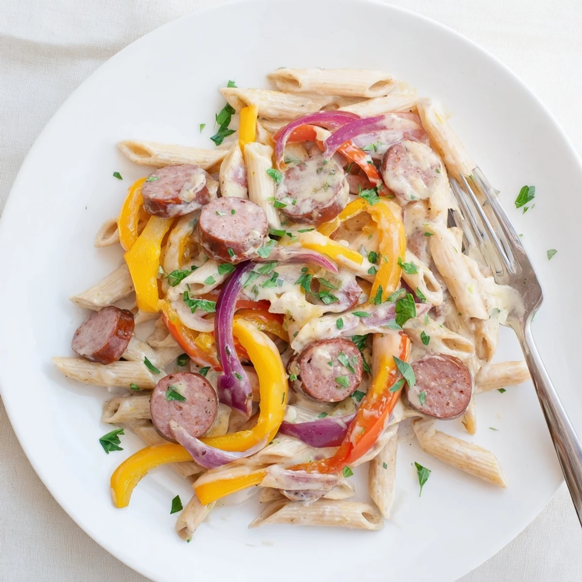 Hearty Cajun sausage pasta served in a white bowl with golden sausage slices and fresh parsley garnish