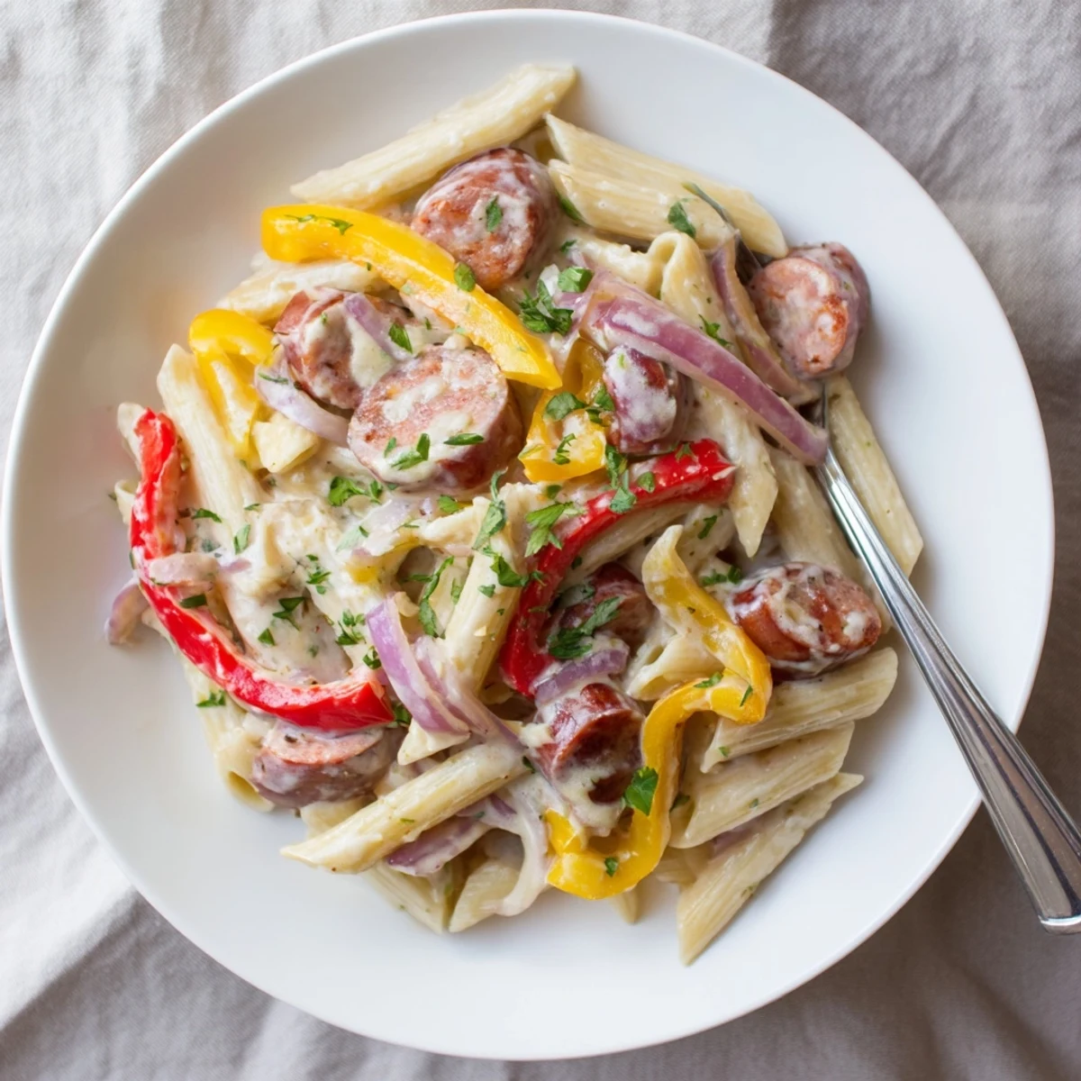 Creamy Cajun sausage pasta tossed with sliced andouille, colorful bell peppers, and grated Parmesan cheese