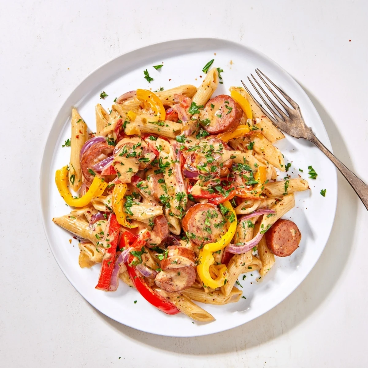 Rustic Cajun sausage pasta dish featuring smoky sliced sausage, red and yellow peppers in a rich cream sauce