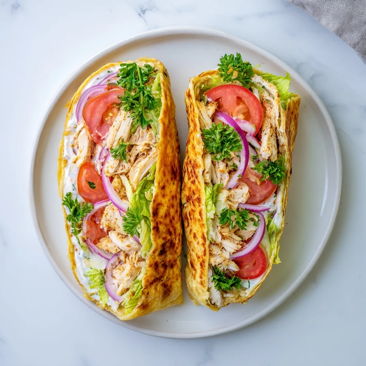 Golden high protein cottage cheese flatbread chicken wrap with fresh lettuce and tomato