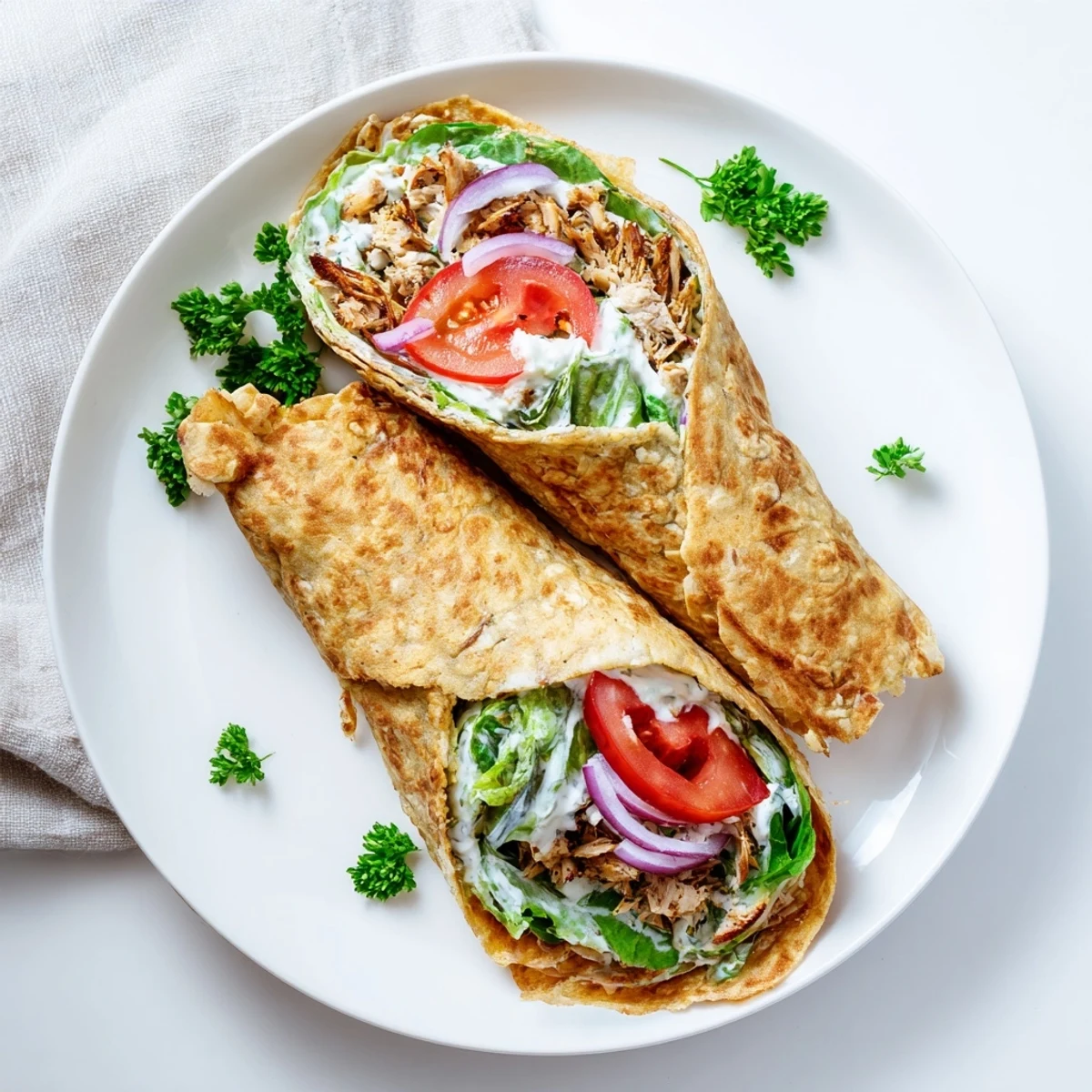 Crispy gluten-free flatbread filled with seasoned shredded chicken and crisp vegetables for lunch