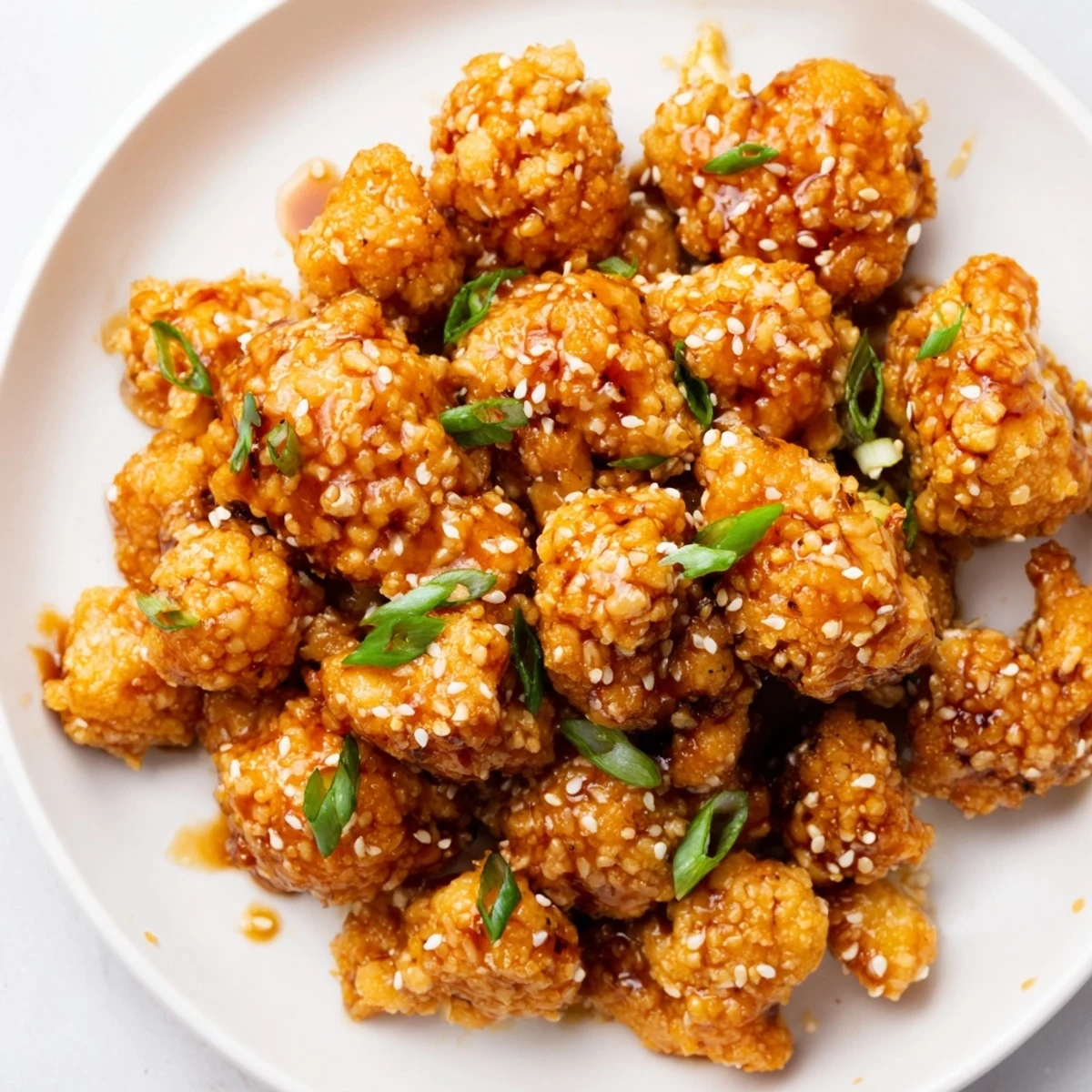 Golden brown sticky honey garlic cauliflower florets coated in glossy sweet and savory sauce