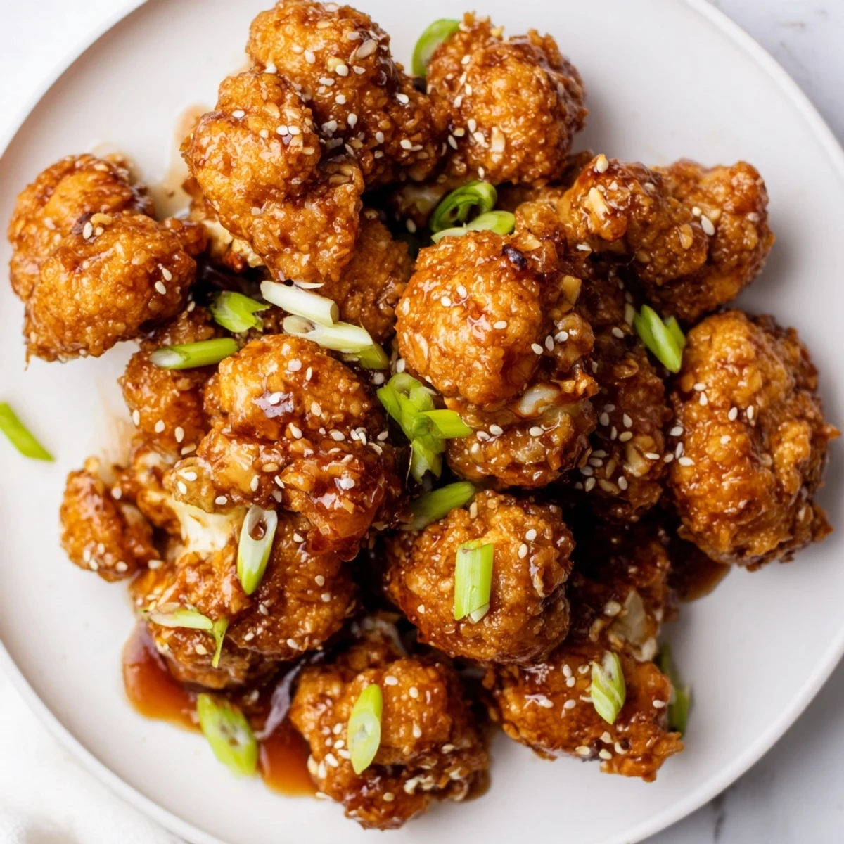 Crispy baked cauliflower bites tossed in thick honey garlic glaze topped with green onions and sesame seeds