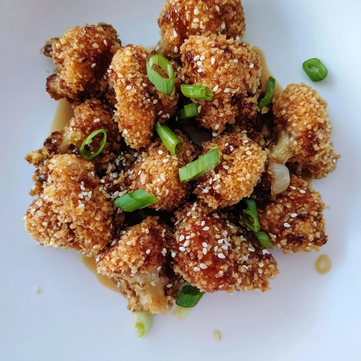 Vegetarian sticky honey garlic cauliflower appetizer with crispy texture and caramelized sauce coating