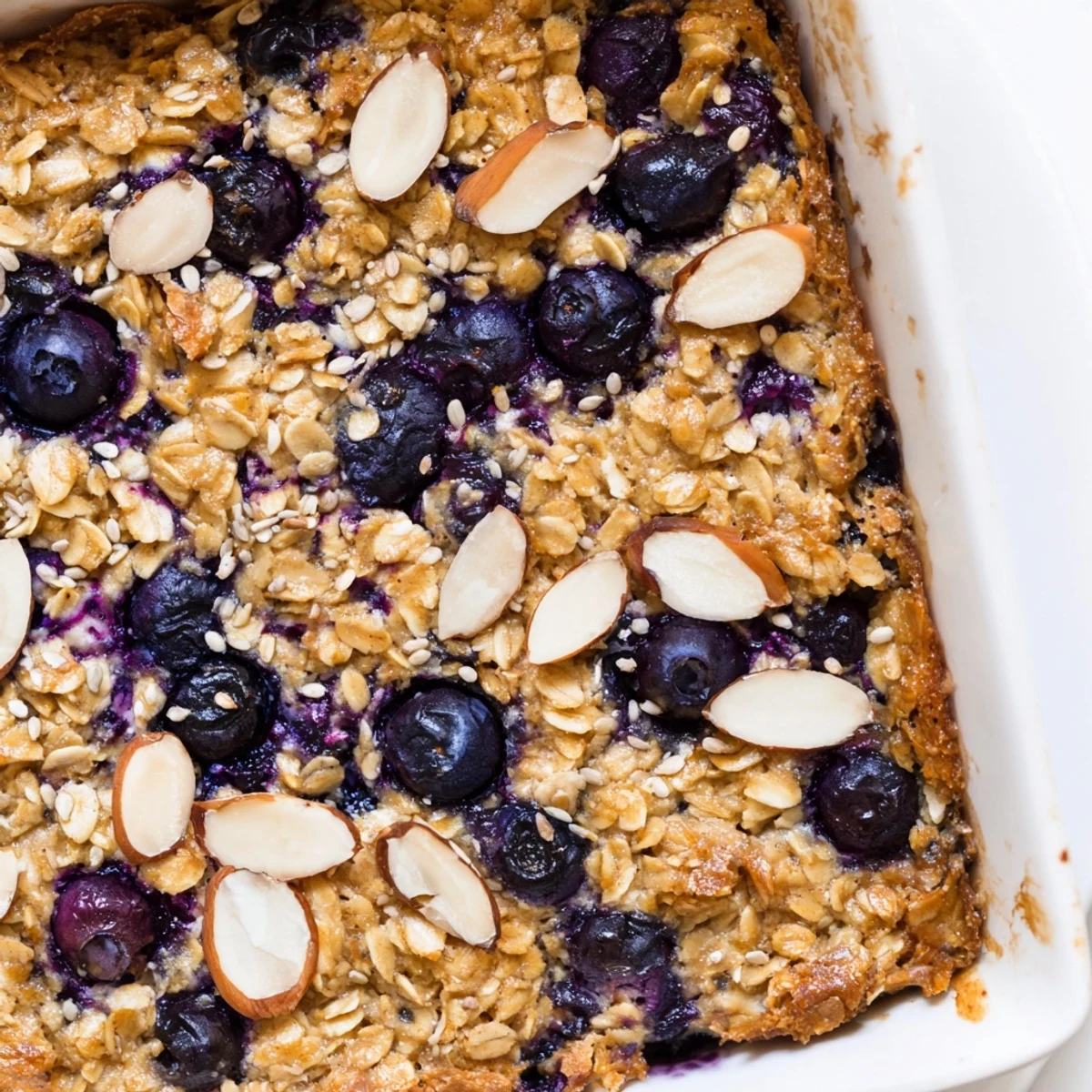 Sliced high protein lemon blueberry breakfast bake revealing juicy berries and tender oat texture