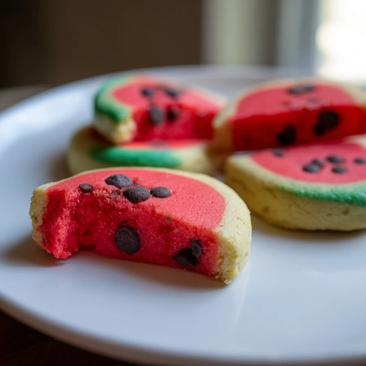 Fresh watermelon slice cookies arranged on a white platter with red centers and green rinds