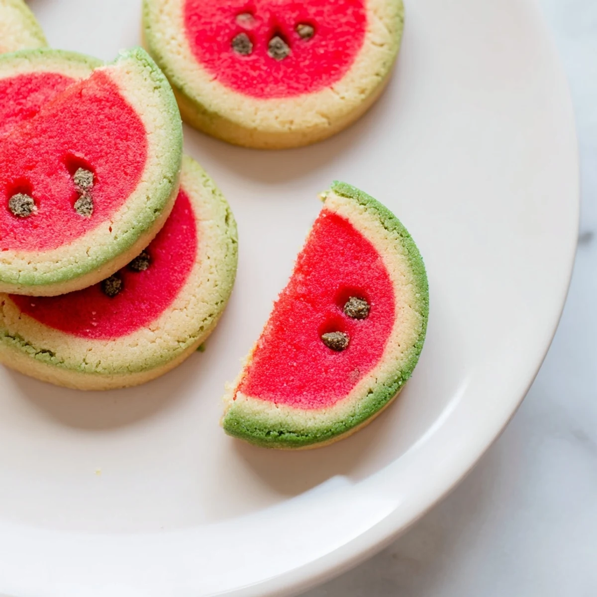 Summer dessert table displaying watermelon slice cookies studded with mini chocolate chip seeds