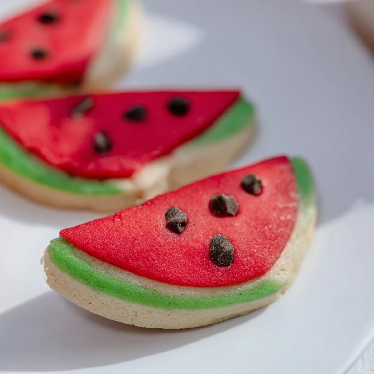 Stack of vibrant watermelon slice cookies showing red fruit centers and green striped edges