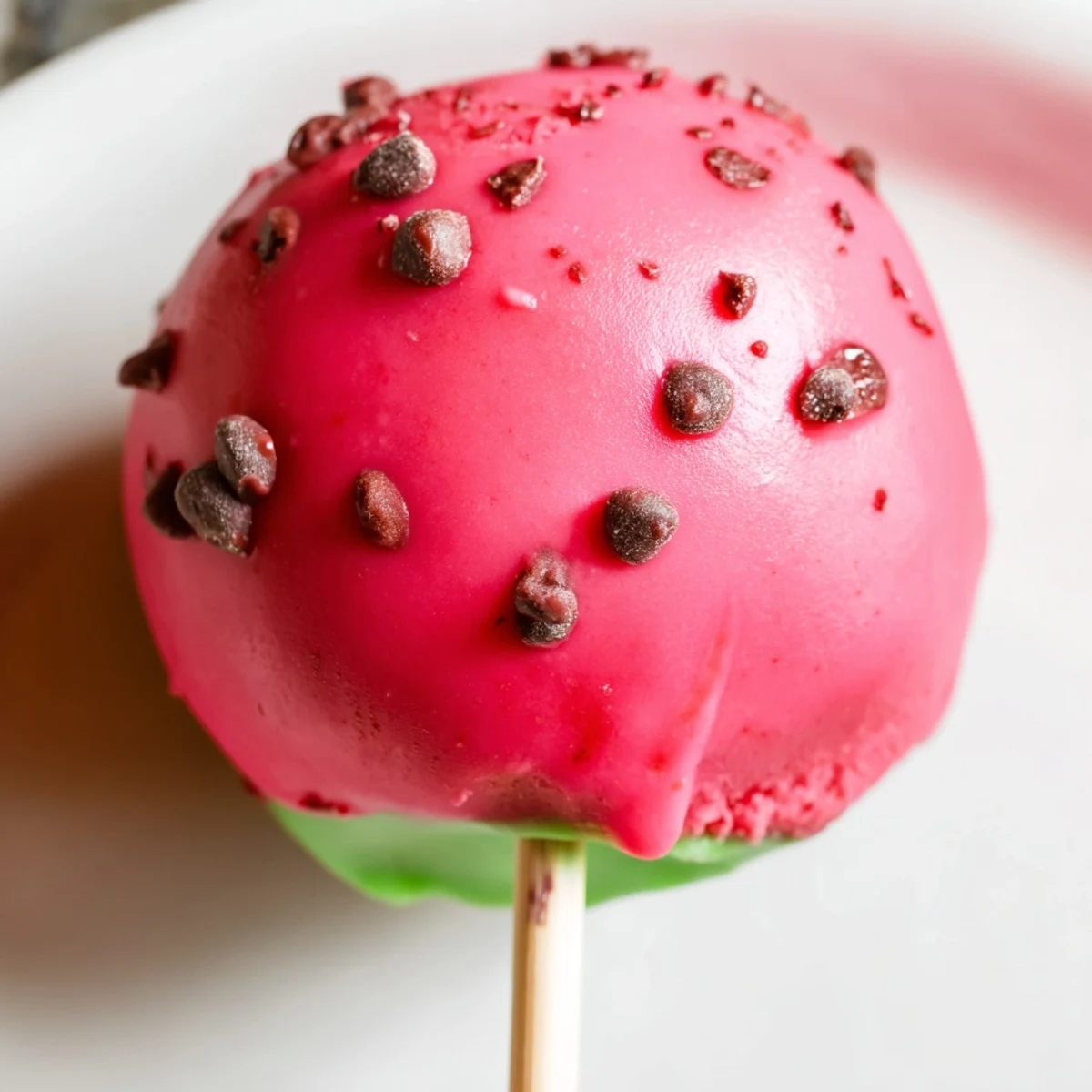 Pink and green watermelon cake pops displayed on a white platter with mini chocolate chip seeds