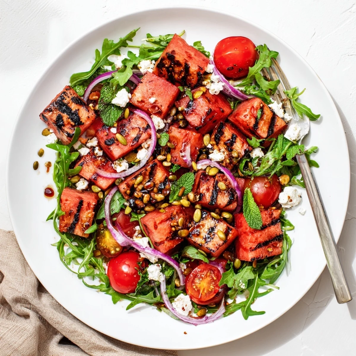 Vibrant grilled watermelon salad with balsamic dressing, feta crumbles, and fresh mint leaves on a white plate