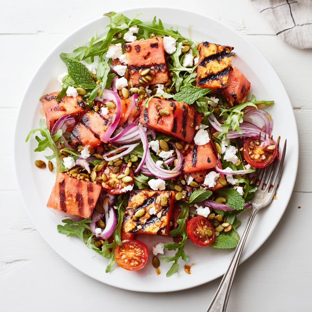 Summer salad featuring smoky charred watermelon cubes, cherry tomatoes, and creamy feta drizzled with tangy balsamic glaze