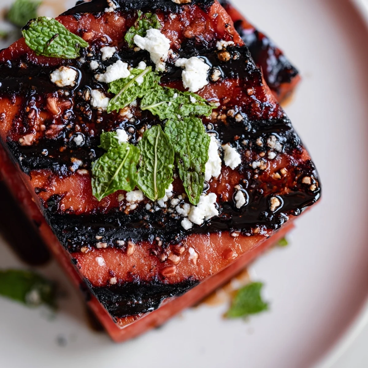 Grilled watermelon steak recipe featuring thick juicy slices with caramelized grill marks and fresh mint garnish