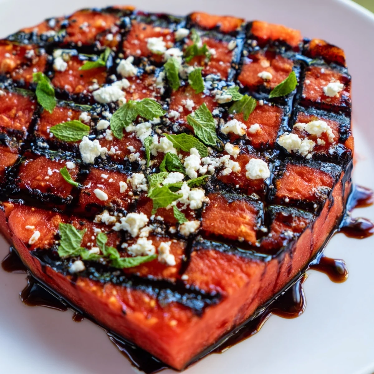 Summer watermelon steak recipe showcasing plant-based main dish with mint and optional vegan feta on serving plate