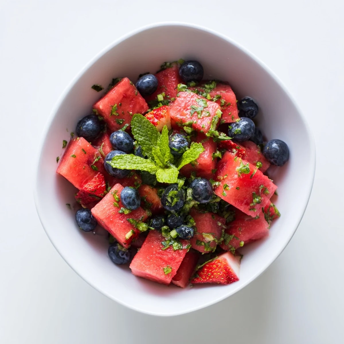 Fresh watermelon fruit salad bowl with strawberries, blueberries, mint leaves, and lime zest garnish