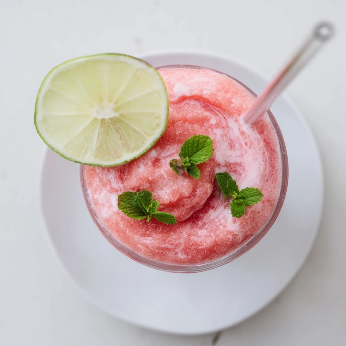 Tropical Coconut Lime Watermelon Slushie blending creamy coconut milk with zesty lime and frozen watermelon