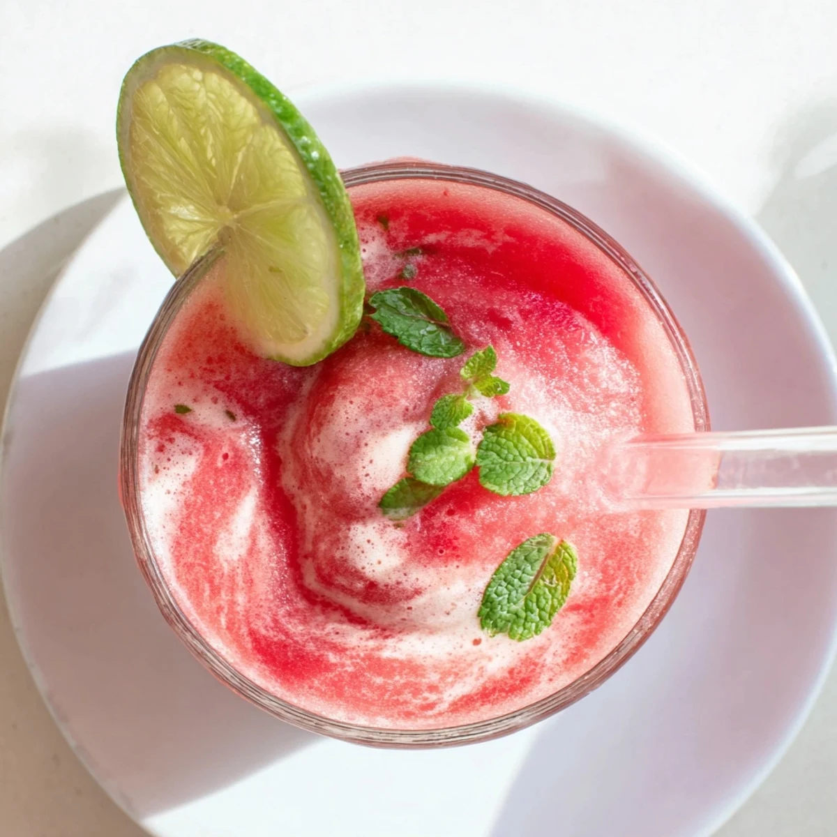 Frosty Coconut Lime Watermelon Slushie served in chilled glasses with fresh mint garnish