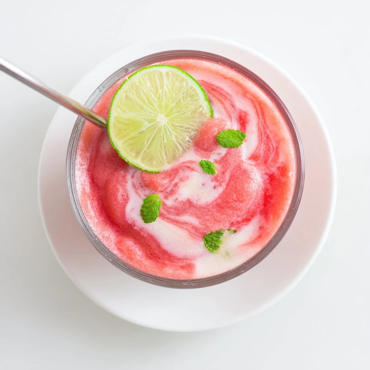 Refreshing pink Coconut Lime Watermelon Slushie poured into glasses with lime wheel slices