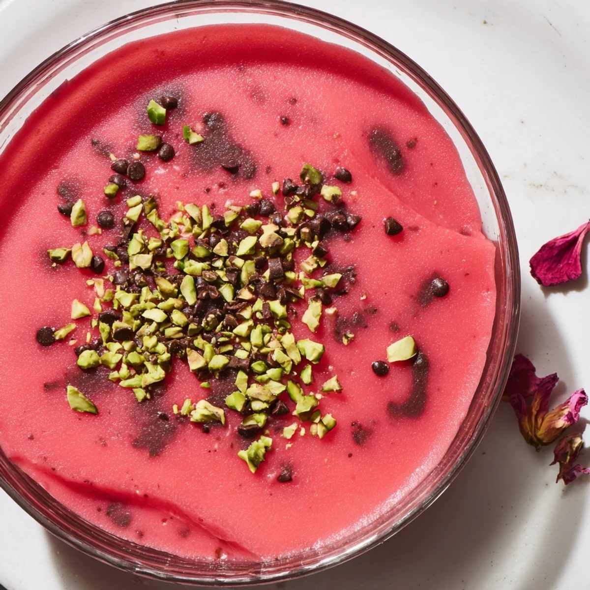 Traditional Gelo di Melone dessert featuring chilled watermelon pudding topped with green pistachios and rose petals