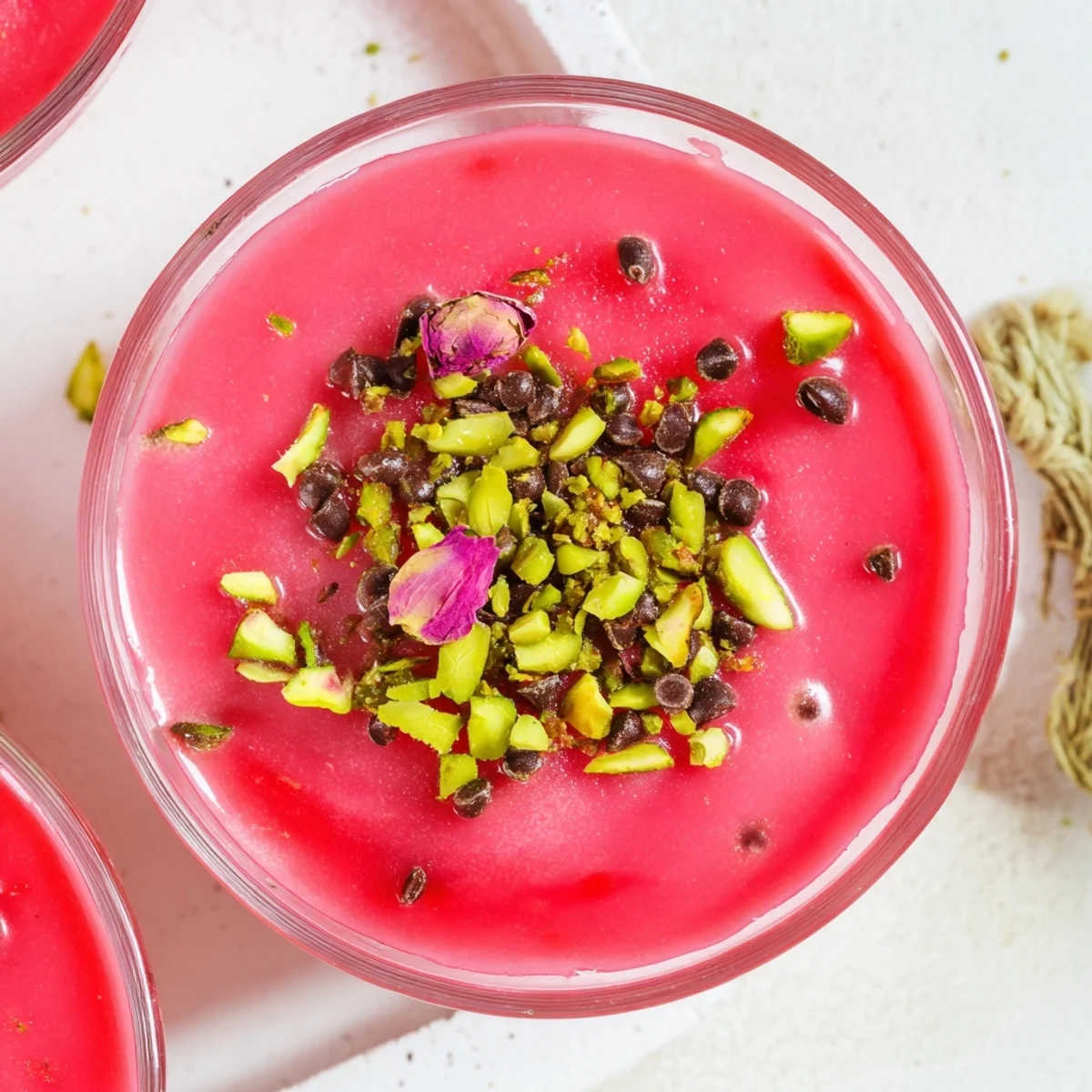 Vibrant pink Sicilian watermelon pudding garnished with chopped pistachios and chocolate chips in clear glass cups