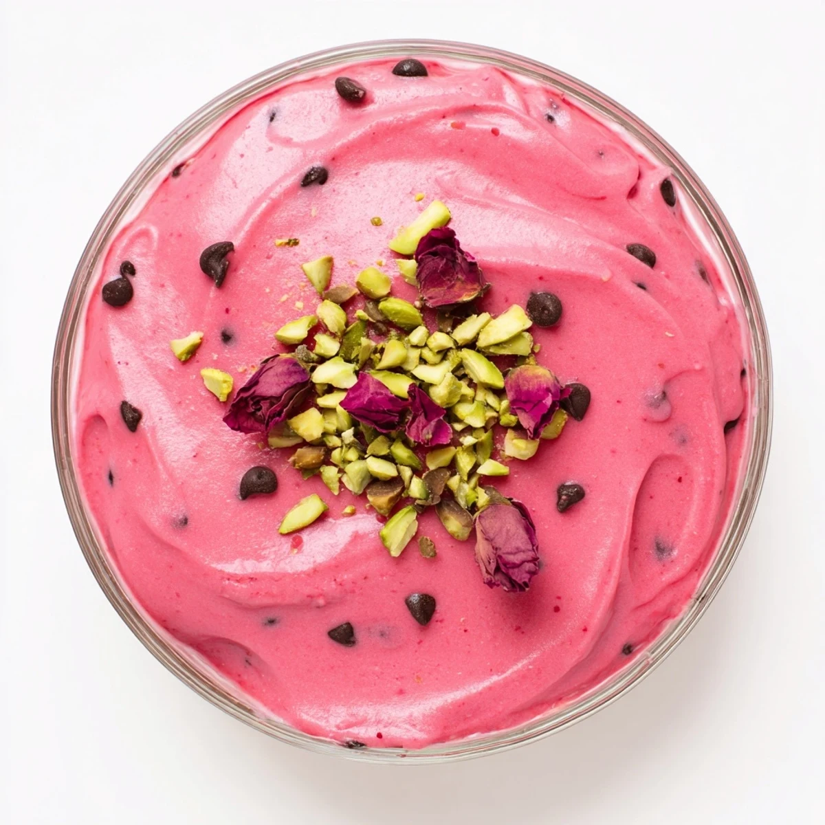 Creamy Sicilian watermelon pudding served in individual glasses with crunchy pistachios and dark chocolate sprinkles