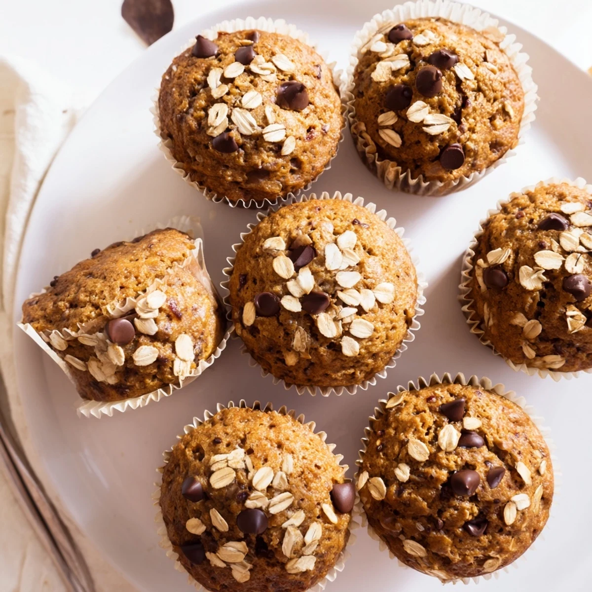 Freshly baked banana chocolate chip muffins with oats, golden tops and melted chocolate chips peeking through