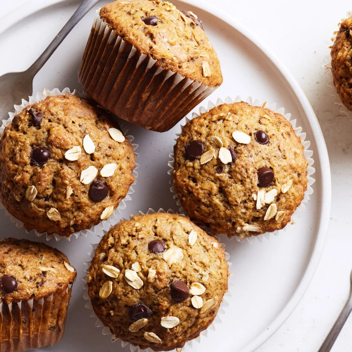 Soft moist banana chocolate chip muffins with oats cooling on wire rack, ready for breakfast or snack