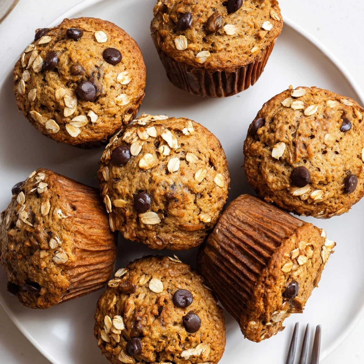Warm homemade banana chocolate chip muffins with oats, studded with chocolate chips and topped with textured oat crumbles