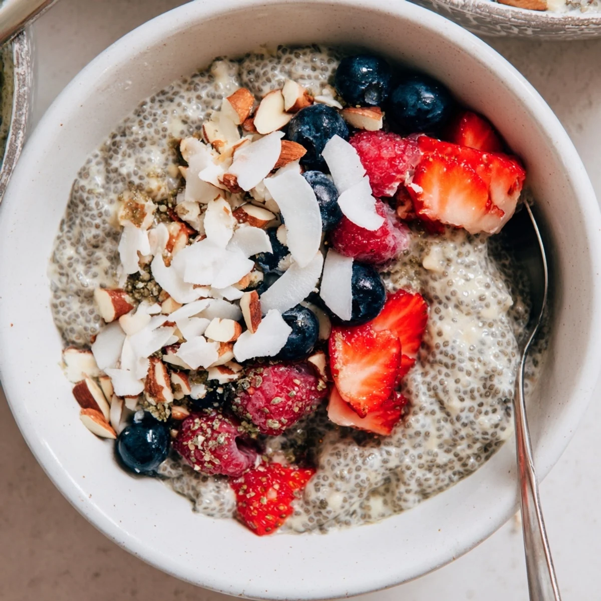 Overnight chia pudding recipes layered with diced mango and crunchy almonds for a healthy breakfast