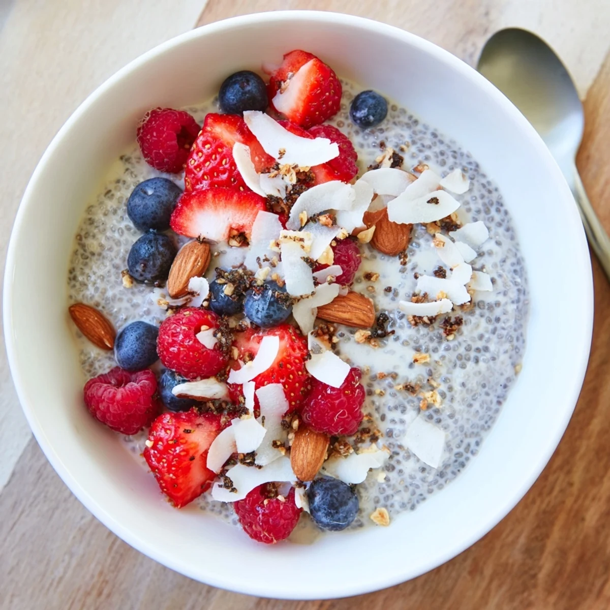 Creamy chia pudding recipes topped with fresh mixed berries and shredded coconut in glass jars