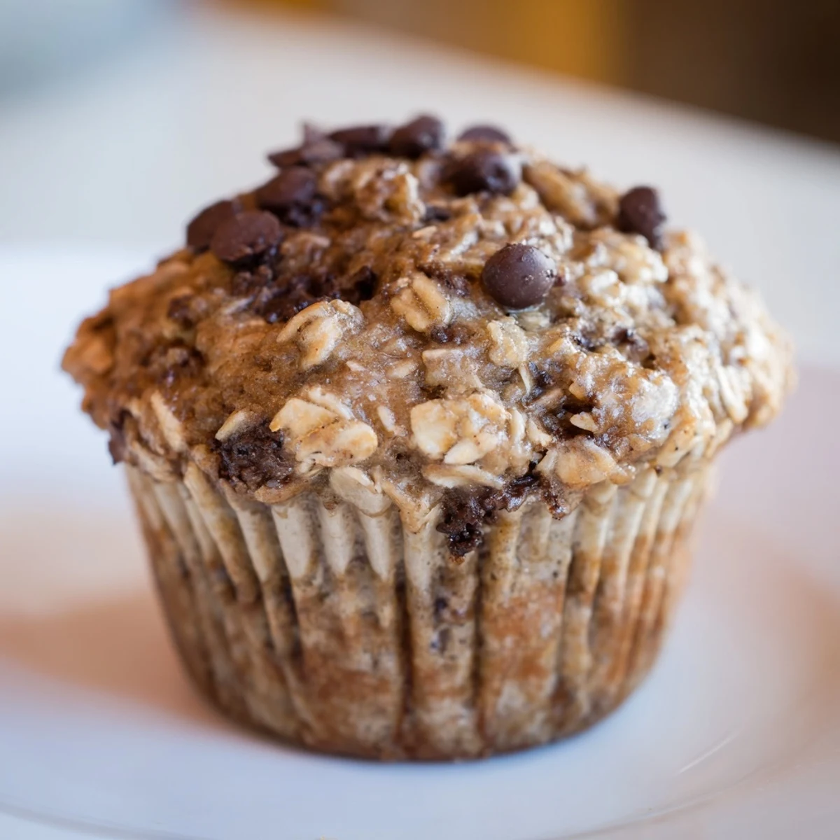 Batch of wholesome banana oatmeal muffins with visible banana chunks and nut toppings