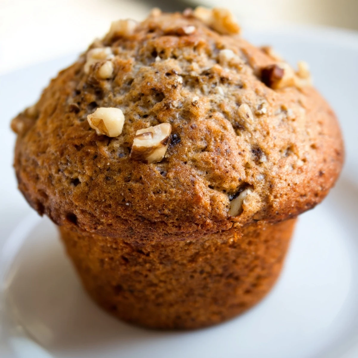 Golden brown healthy banana nut muffins topped with chopped walnuts on a wire cooling rack