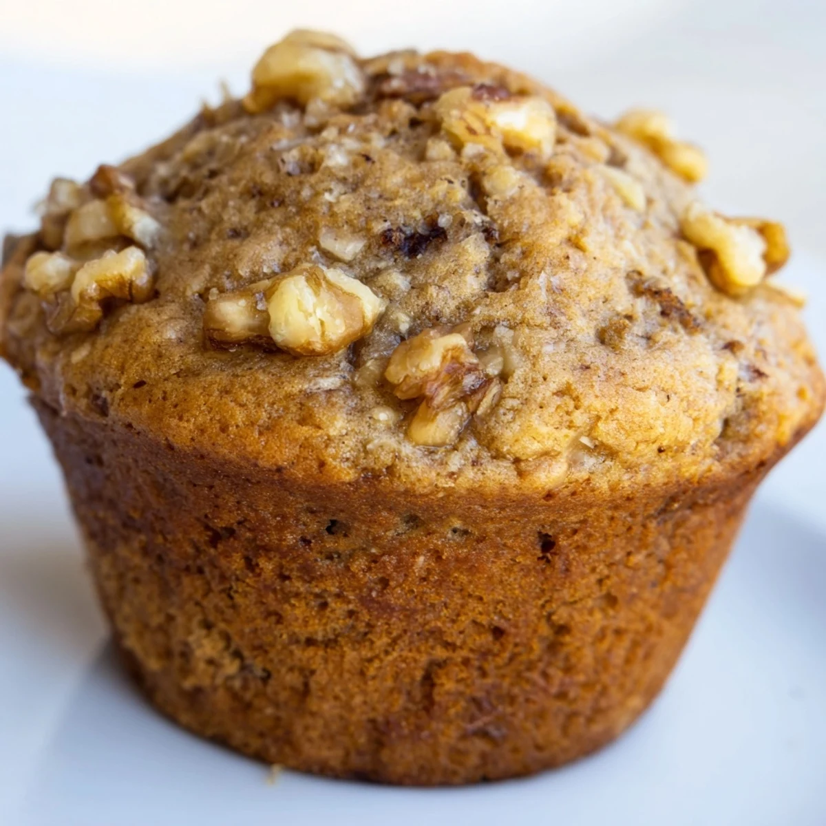 Freshly baked healthy banana nut muffins with crunchy pecans cooling on a wooden serving board