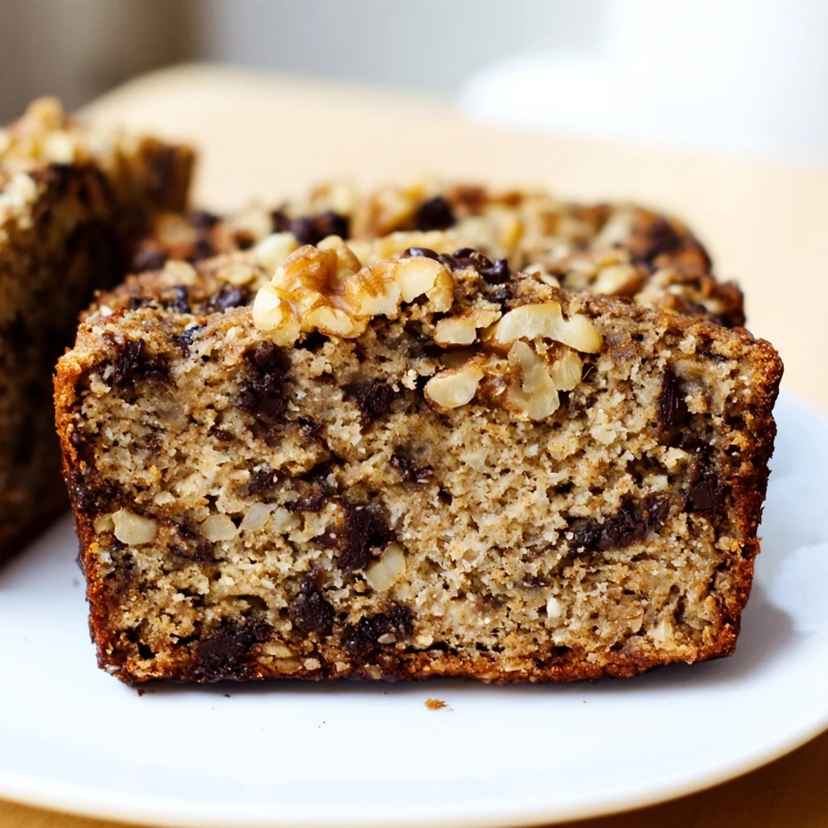 Moist oil-free protein banana bread loaf with dark chocolate chips, fresh on a wire rack