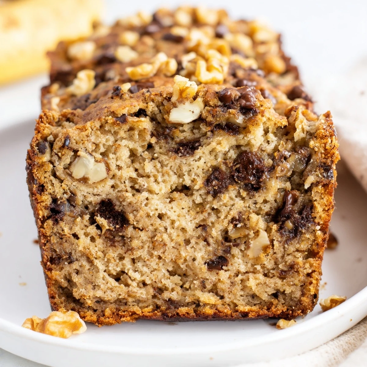 Wholesome protein banana bread slice with maple syrup drizzle, perfectly baked and fluffy
