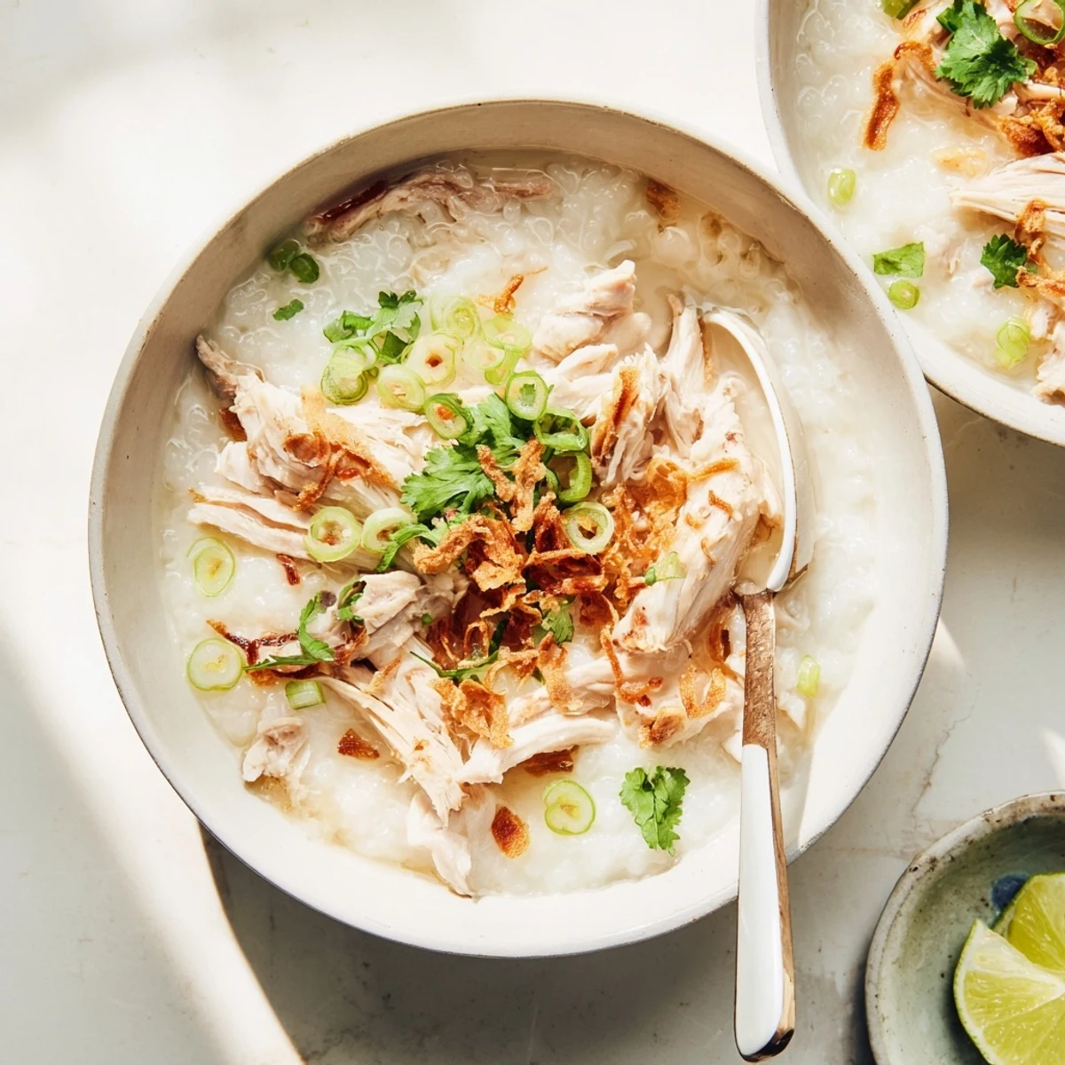 Steaming bowl of Vietnamese chicken rice porridge topped with fresh cilantro, scallions, and tender shredded chicken