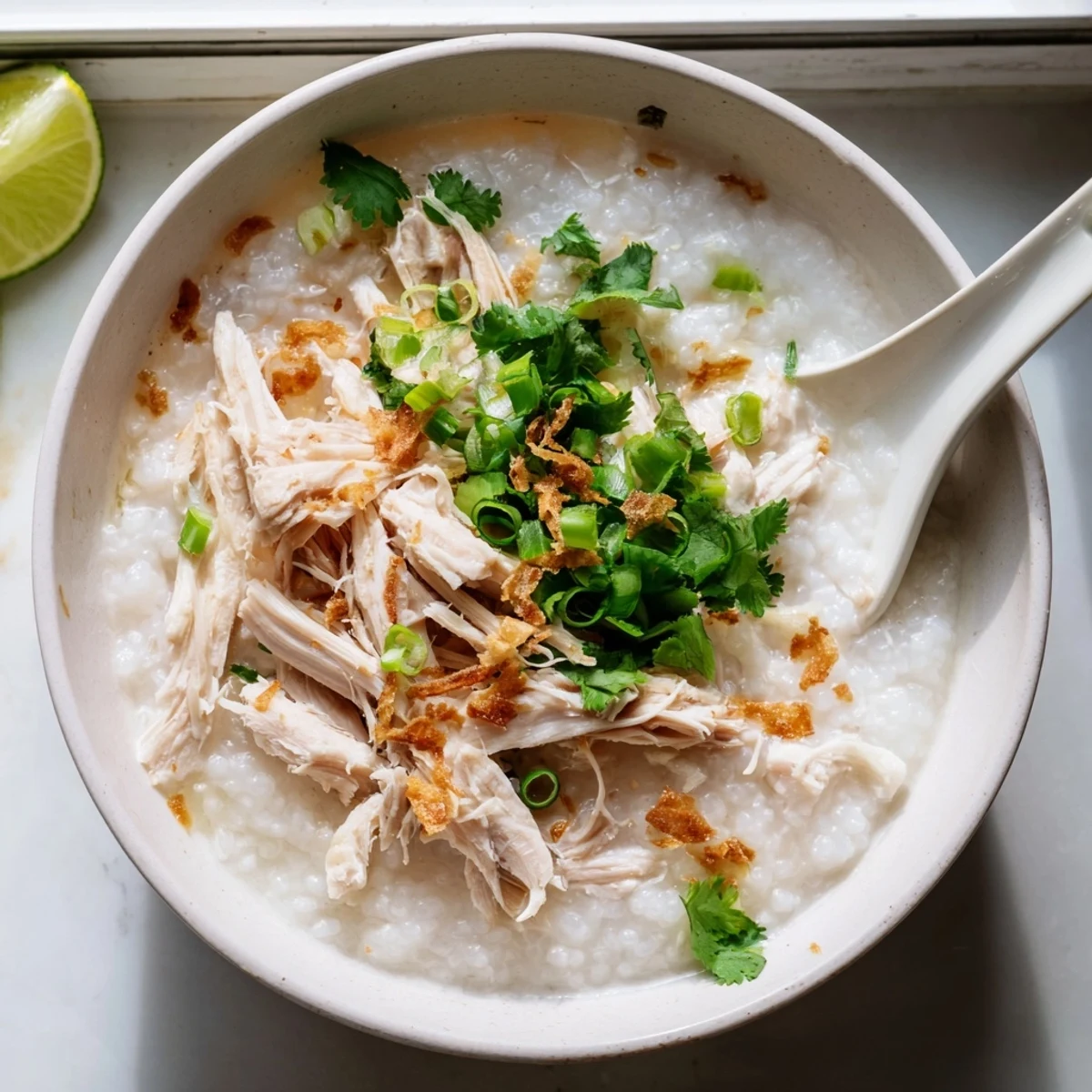 Homemade chicken rice porridge served hot with lime wedges, chili oil, and fragrant Vietnamese seasonings