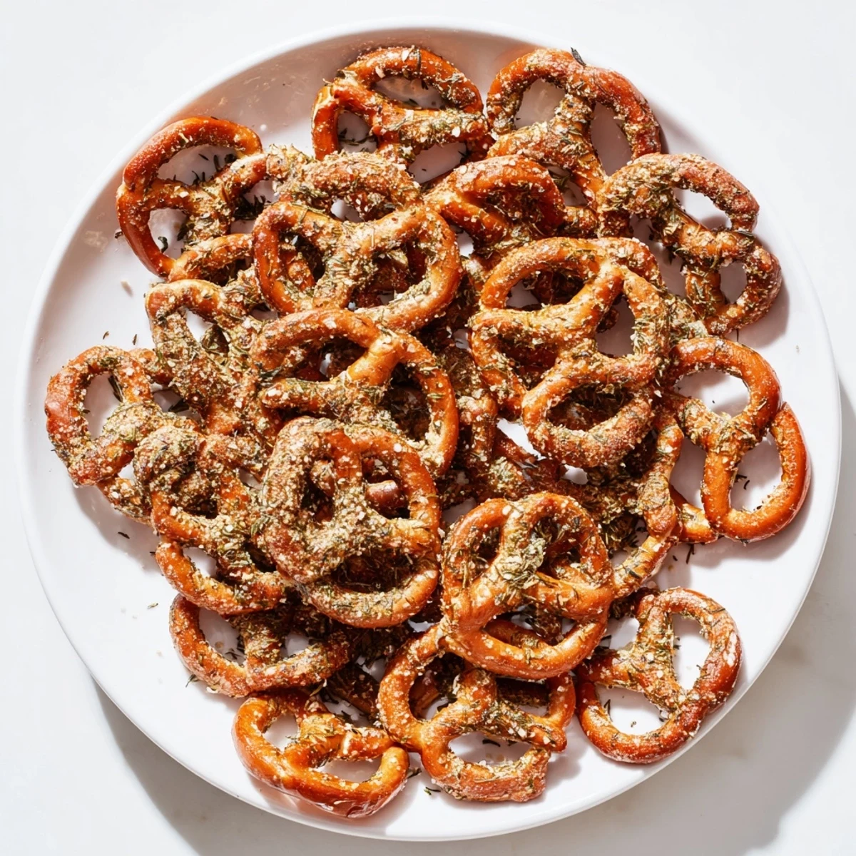 Baked pretzel twists tossed with dill pickle and ranch flavors on a white platter.