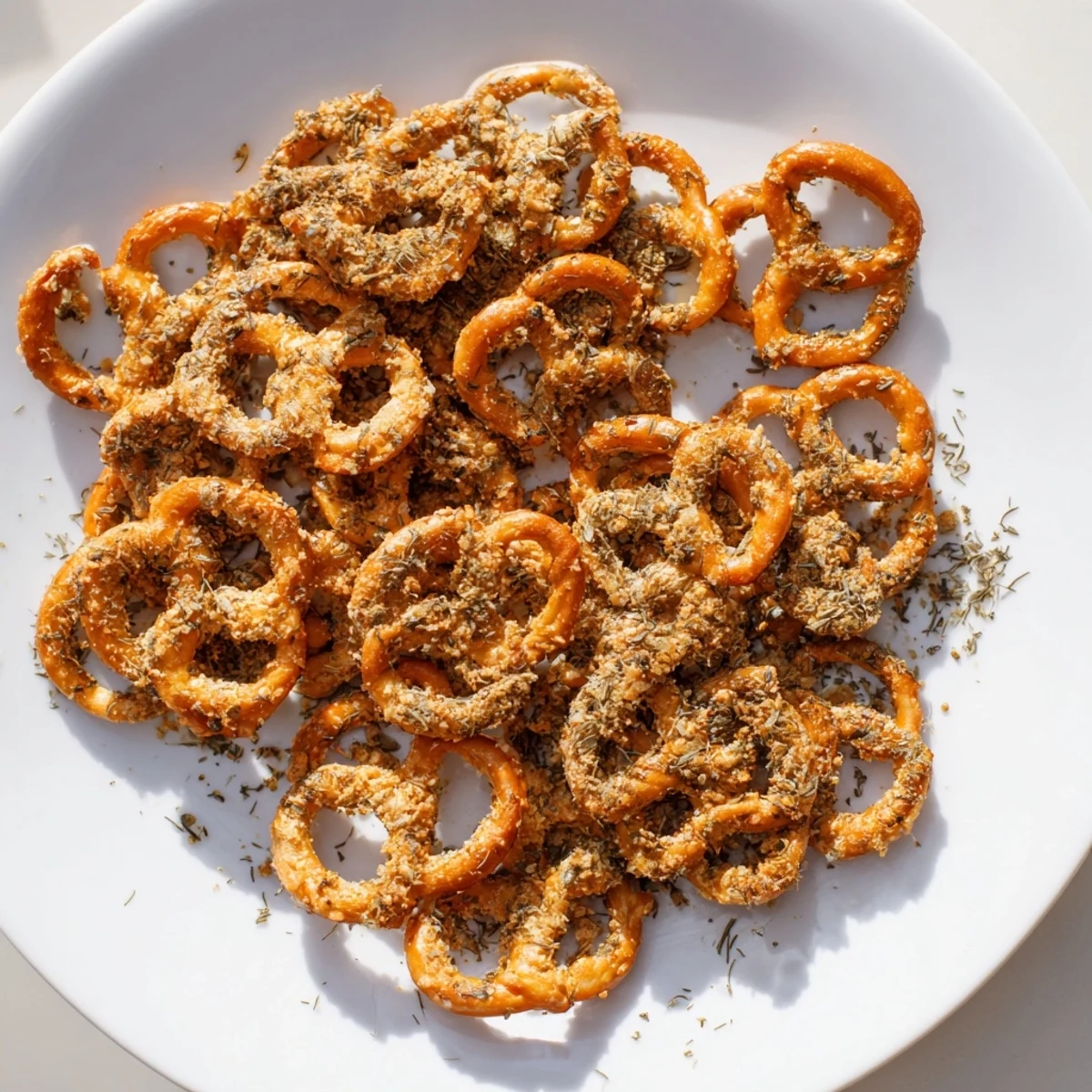 Golden brown pretzels coated in tangy dill pickle ranch seasoning, ready for snacking.