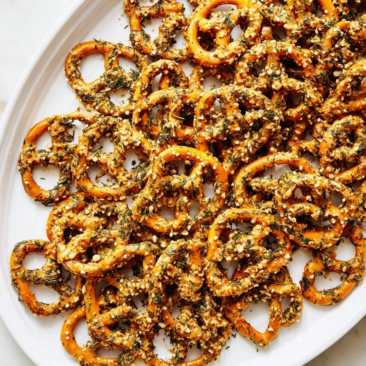 Crispy homemade dill pickle ranch pretzels arranged on a wooden serving board.