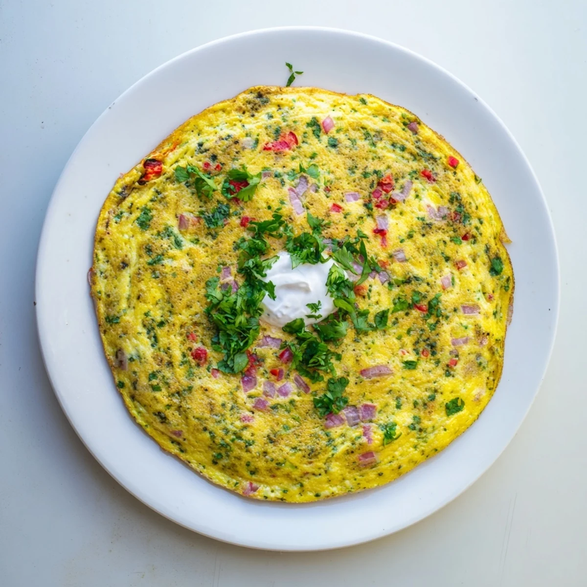 Vibrant vegetable-filled Afghani omelette skillet featuring red onion, tomato, and bell pepper pieces